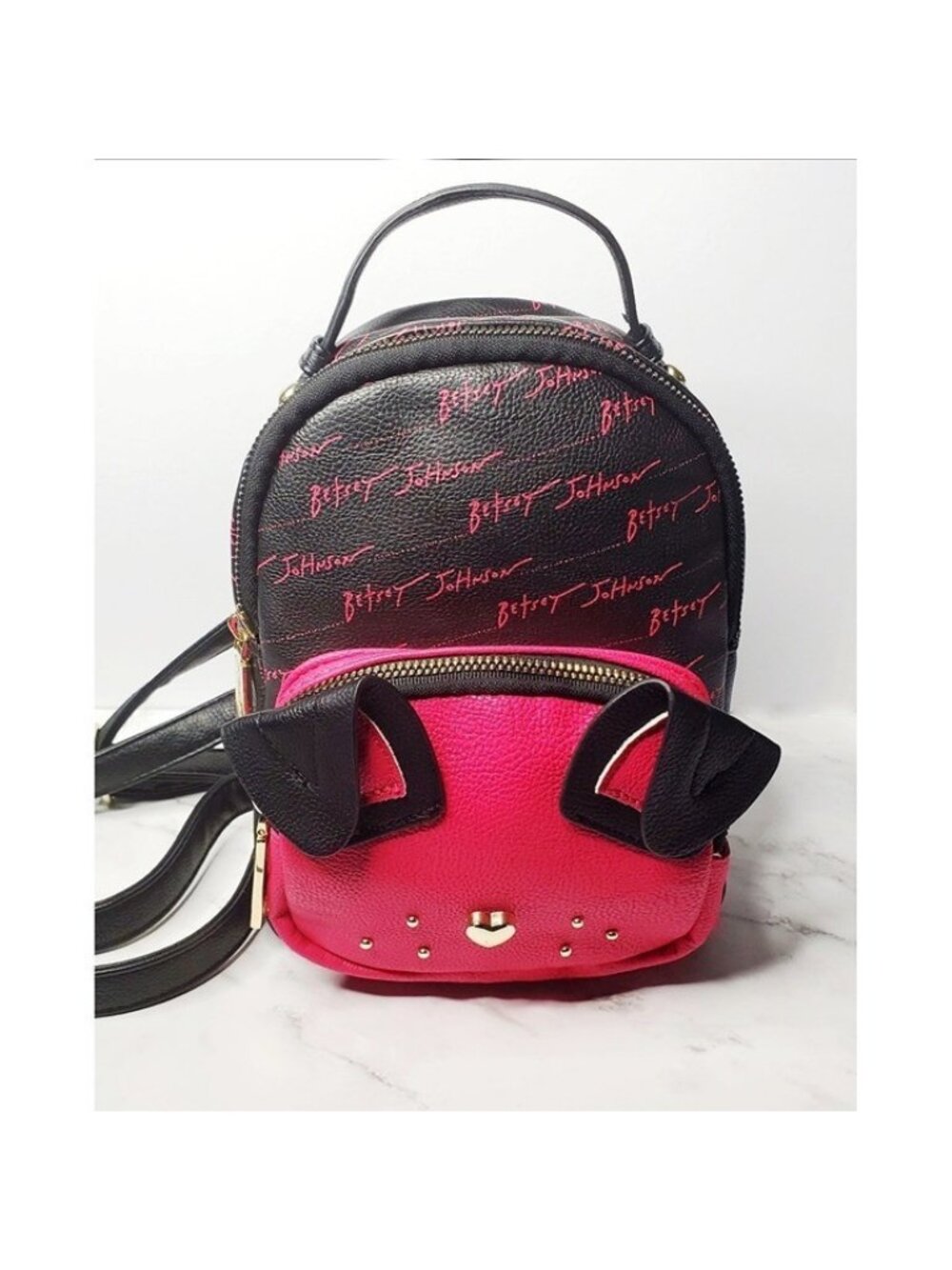 Betsey Johnson Dog Mini Backpack Purse Pink Black Studded Floral Faux Leather